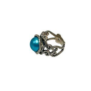 Dyed Blue Genuine Pearl Ring Size 5 Sterling Silver Israel 925 Ornate Wide Band